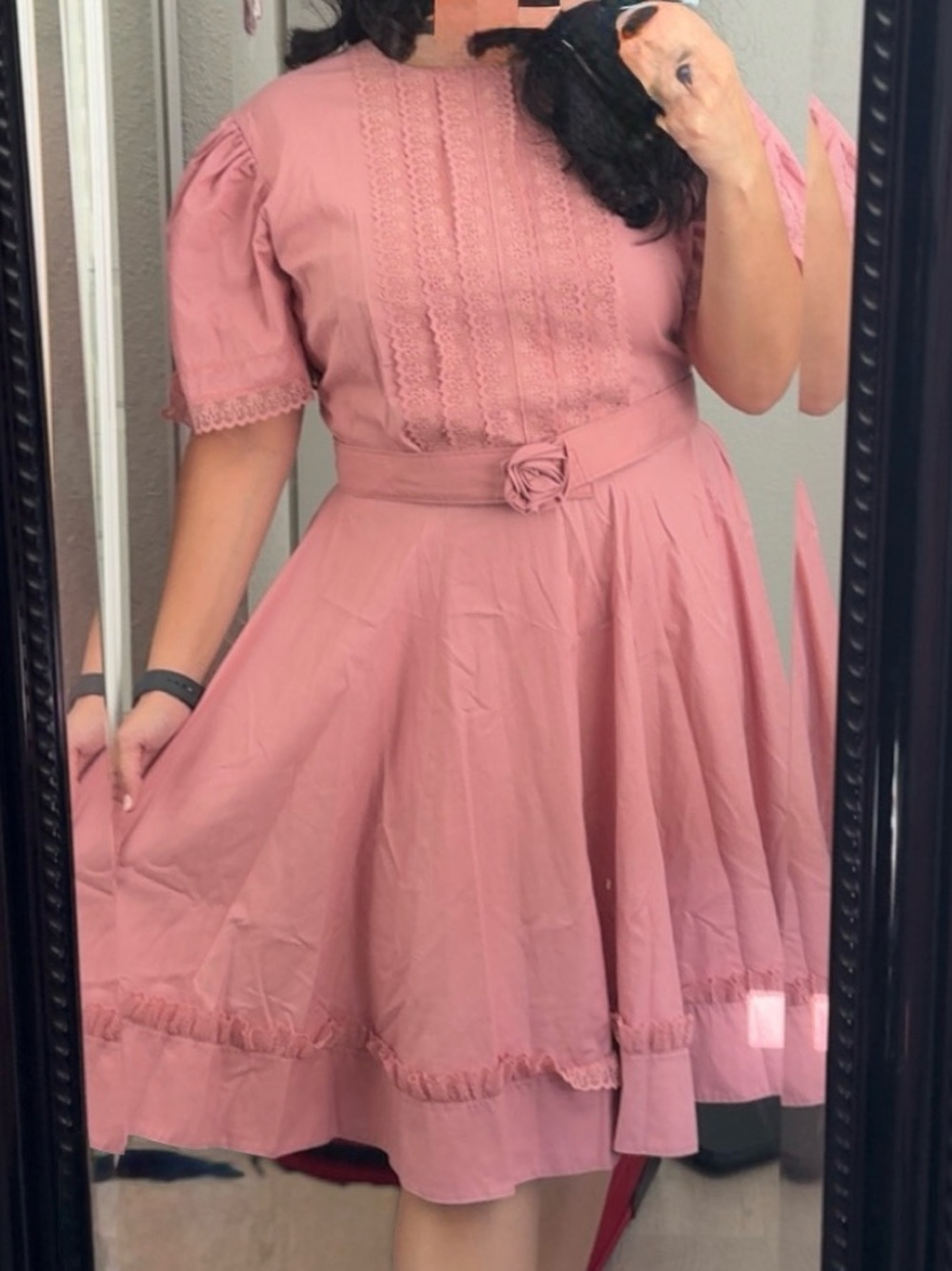 Vintage Kate Schorer Dusty Rose Lace-Trim Square Dance Dress